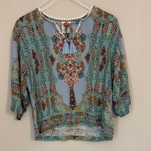 Farm Rio x Anthropologie Floral Tassel-Neck Boho Blouse in Teal and Blue